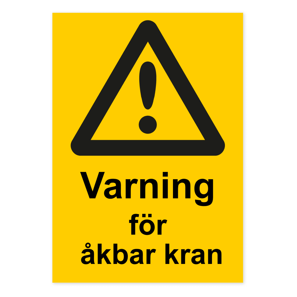 Varning för åkbar kran-skylten har storleken 210x297mm och tillverkas i materialet Dekal. Denna standardskylt kan anpassas så att du kan skapa din egen version av skylten.