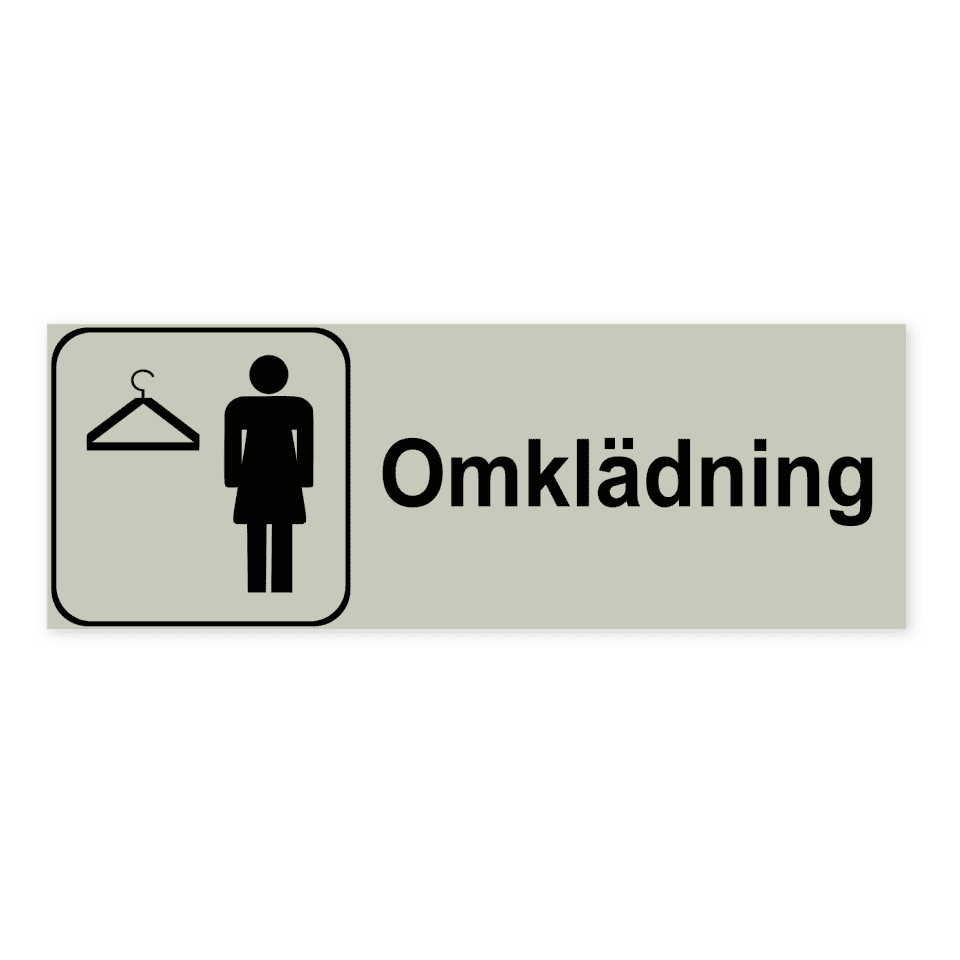 Omklädning för dam-skylten har storleken 225x80mm och tillverkas i materialet Natureloxerad aluminium 1mm. Denna standardskylt kan anpassas så att du kan skapa din egen version av skylten.